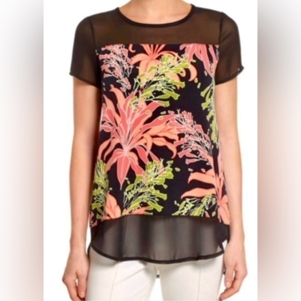 Vince Camuto Floral Sheer Tunic Top Size Medium Multicolored